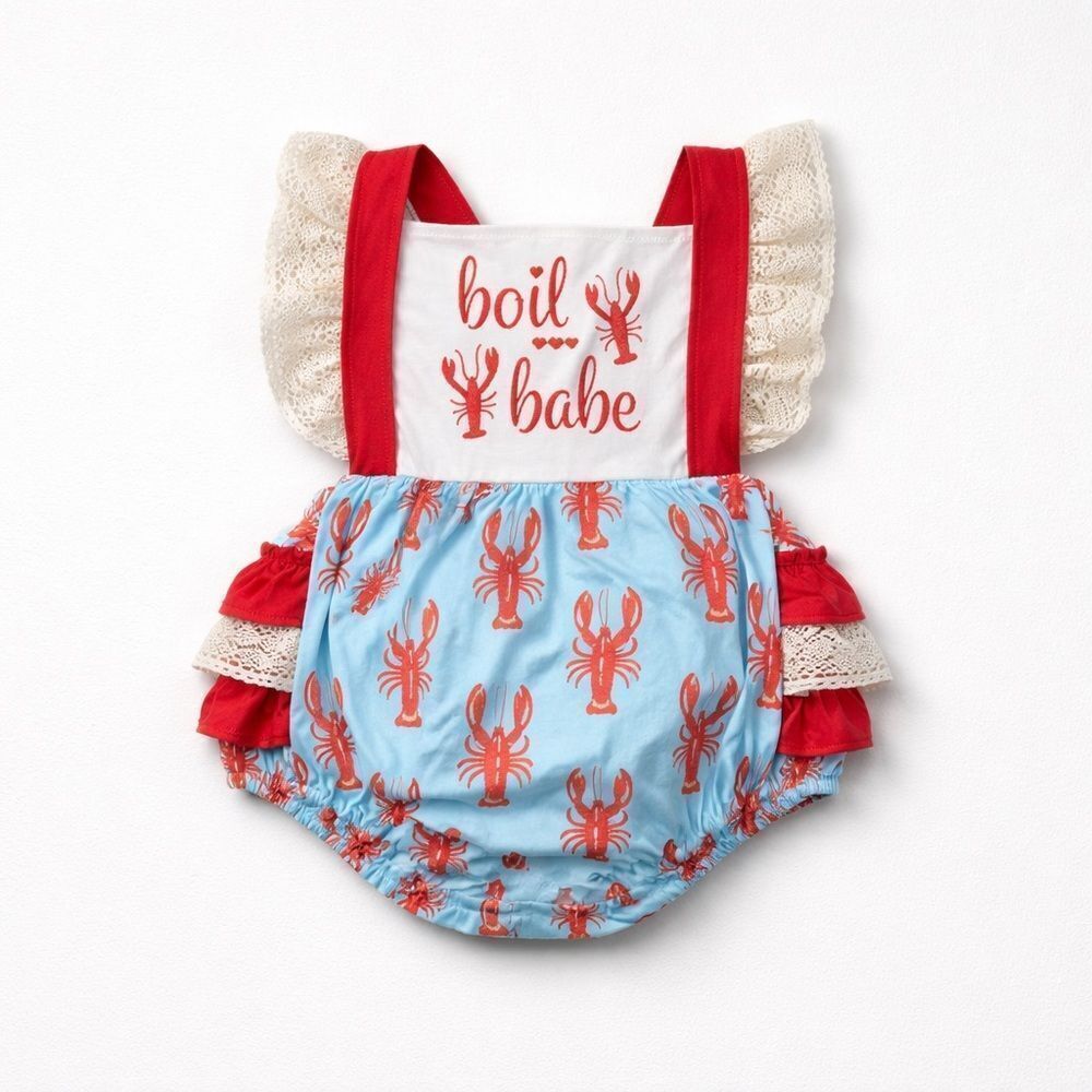 Boutique Red and Blue Lobster Crawfish Boil Babe bubble romper Lace NWT